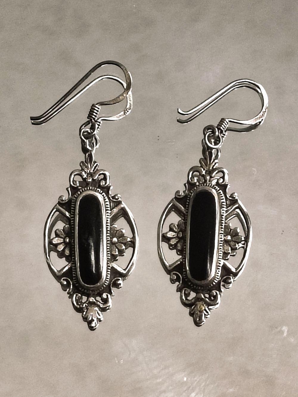 925 Sterling Silver Black Onyx Filigree Drop Earrings Ornate Dangle